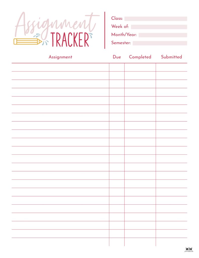 assignment trackers - 12 free printables | printabulls